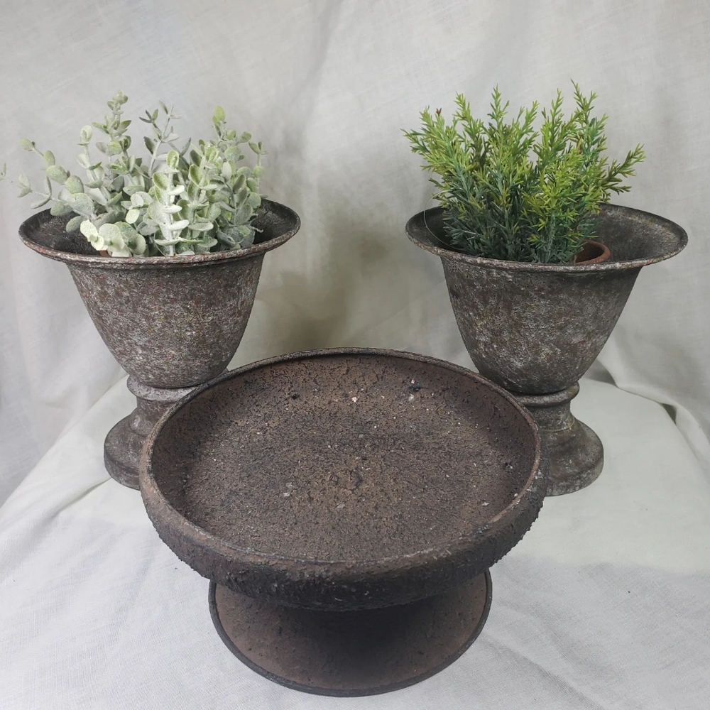 Vintage Inspired Rustic Farmhouse Compote Pedastal and Two Vases